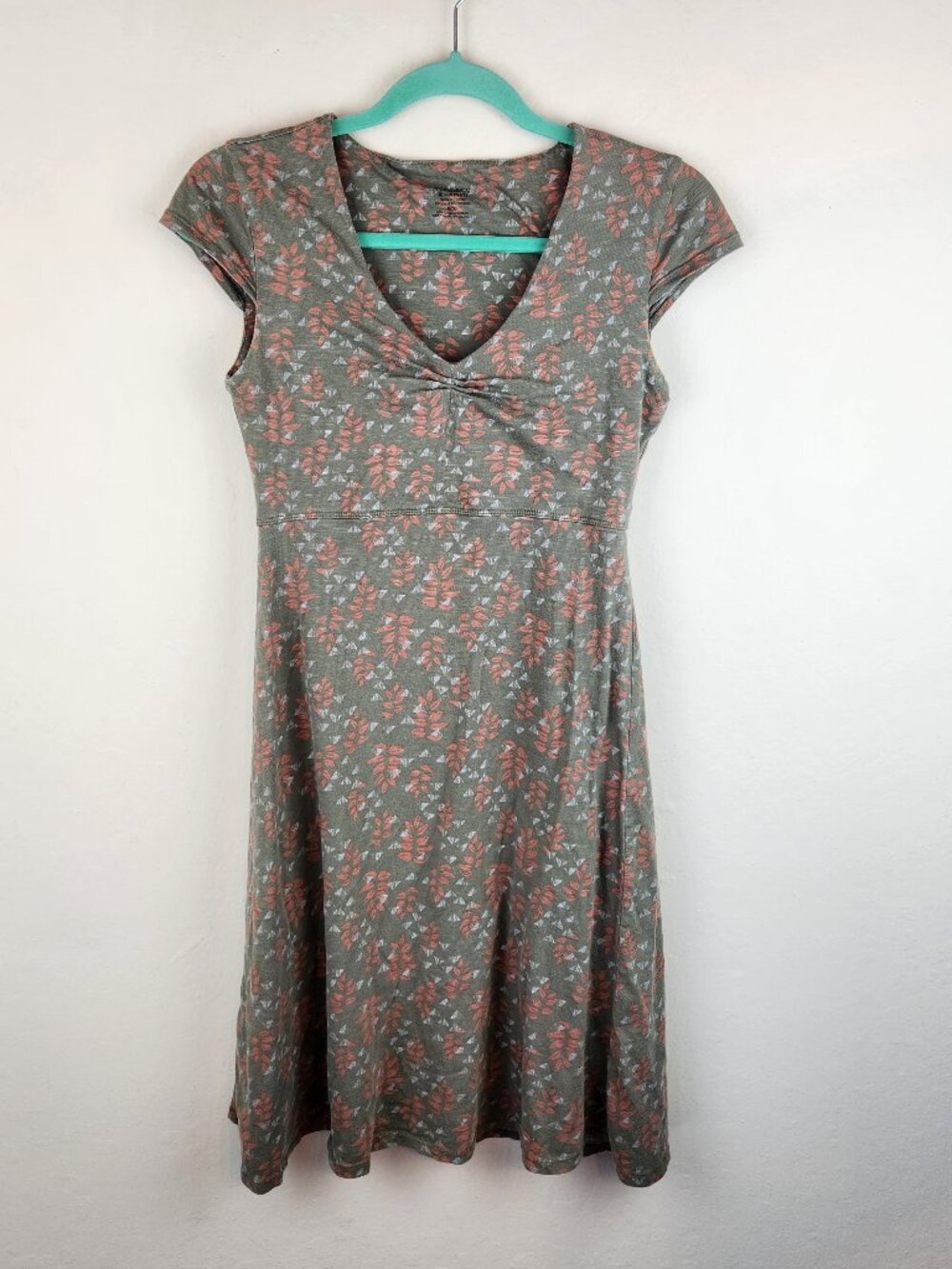 Toad&Co Rosemarie Cap Sleeve Athleisure Dress Olive Green Leaf Print sz XS